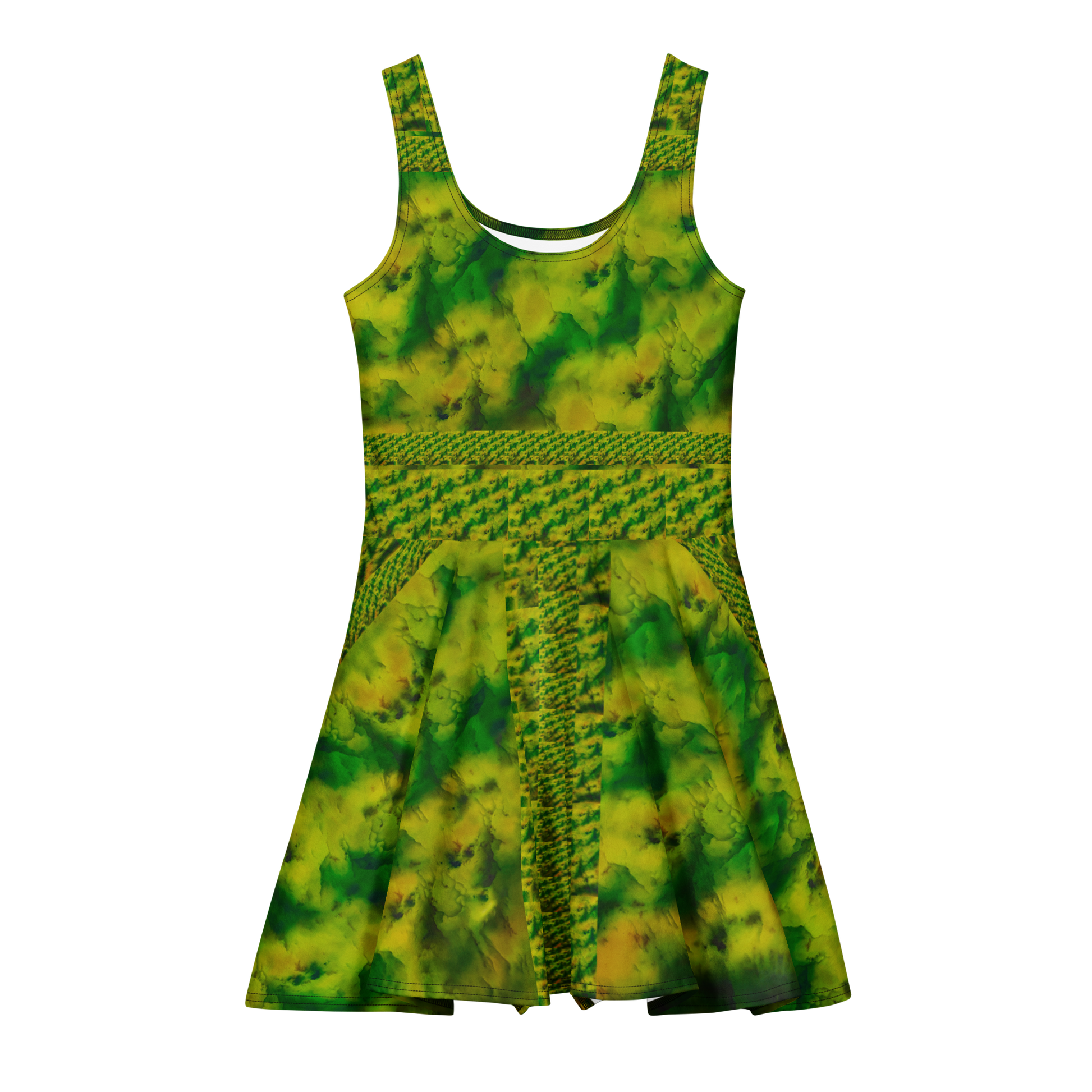 Purely Jade Light sleeveless Cotton Skater Dress with yellow-green and green jade-light print, front view with scoop neckline and flared skirt