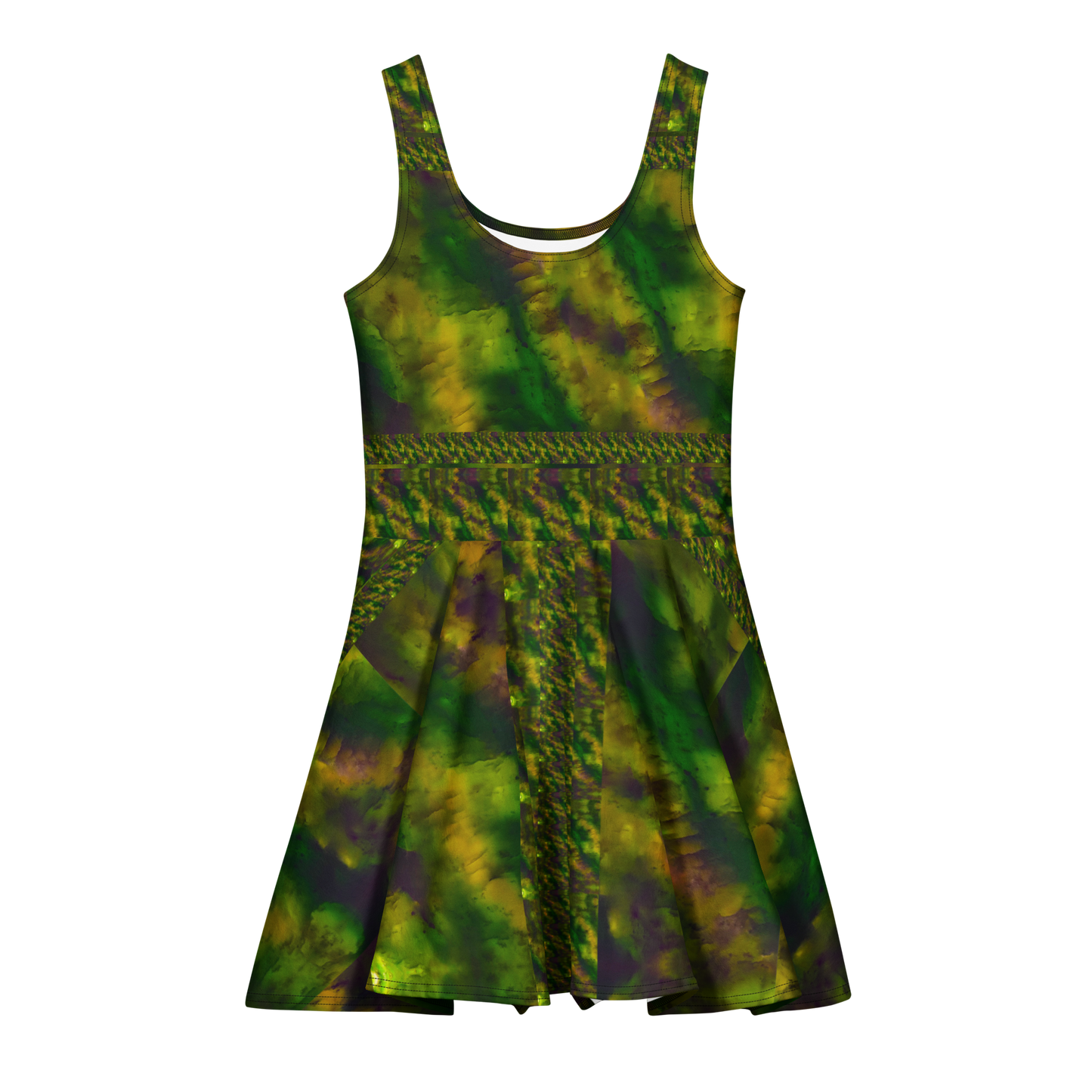 Purely Jade Light sleeveless Cotton Skater Dress with green-and-gold jade-light print with muted plum shadow, front view with scoop neckline and flared skirt