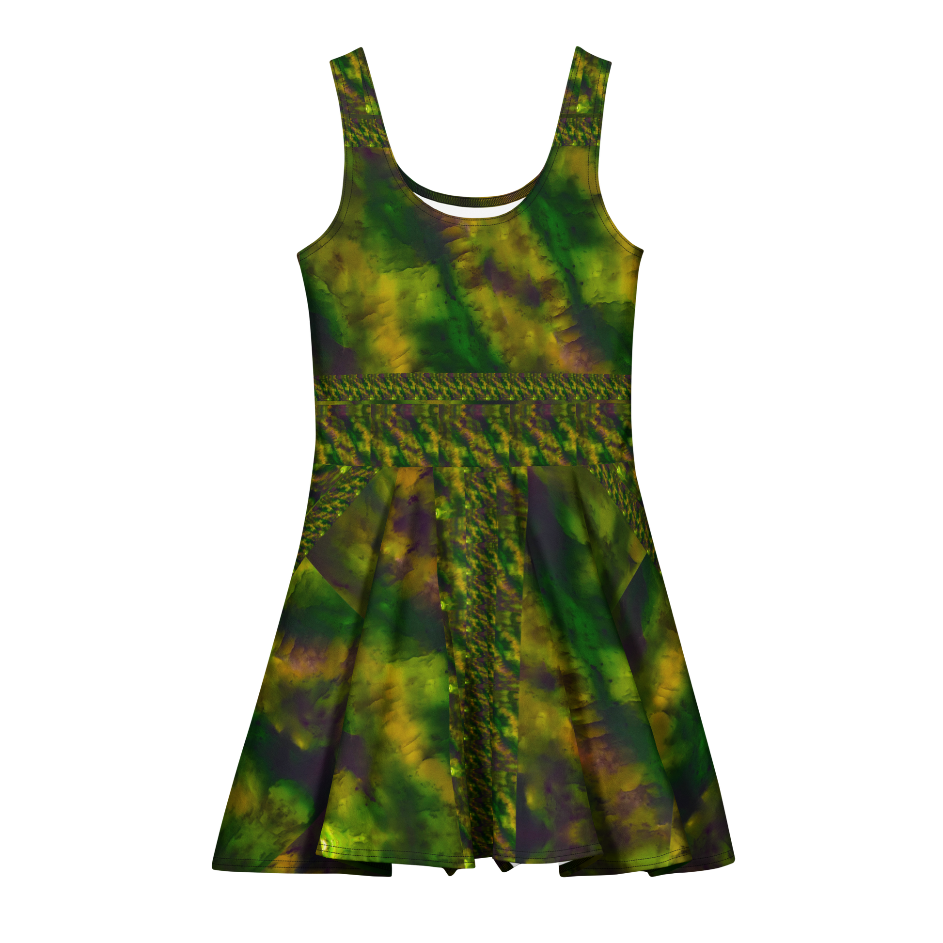 Purely Jade Light sleeveless Cotton Skater Dress with green-and-gold jade-light print with muted plum shadow, front view with scoop neckline and flared skirt