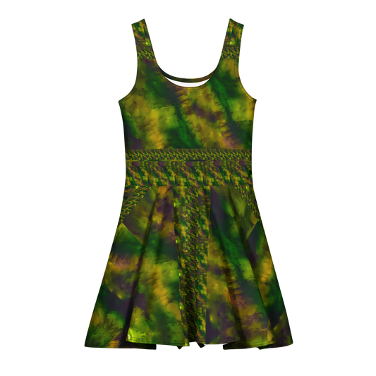 Purely Jade Light sleeveless Cotton Skater Dress with green-and-gold jade-light print with muted plum shadow, front view with scoop neckline and flared skirt