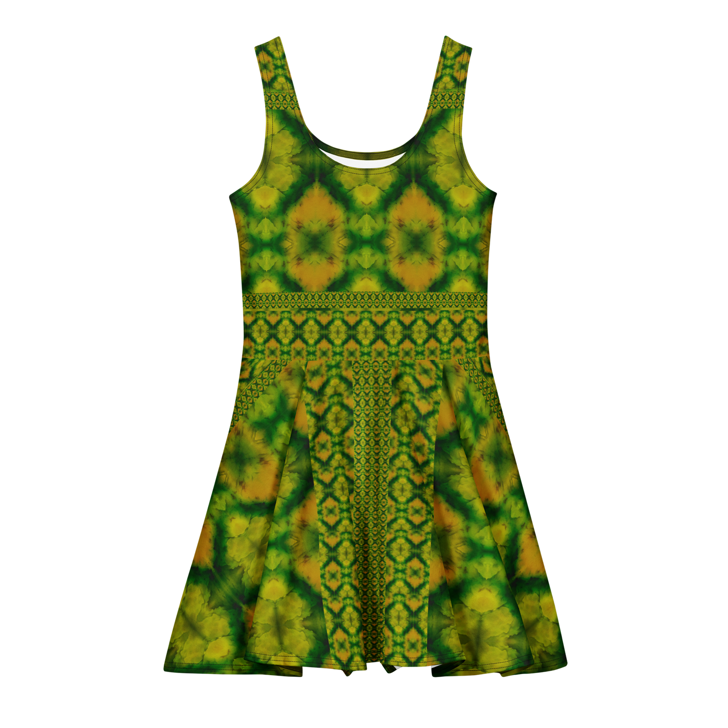 Purely Jade Light sleeveless Cotton Skater Dress with green-and-gold jade-light print, front view with scoop neckline and flared skirt