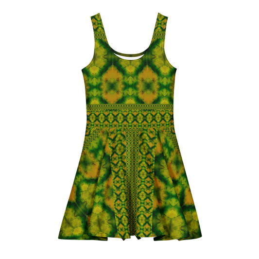 Purely Jade Light sleeveless Cotton Skater Dress with green-and-gold jade-light print, front view with scoop neckline and flared skirt