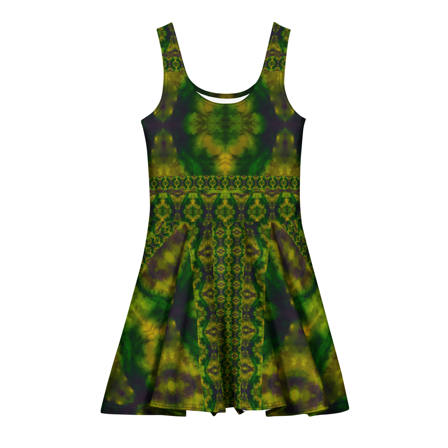 Purely Jade Light sleeveless Cotton Skater Dress with deep green jade-light print with yellow-green and muted plum shadow, front view with scoop neckline and flared skirt