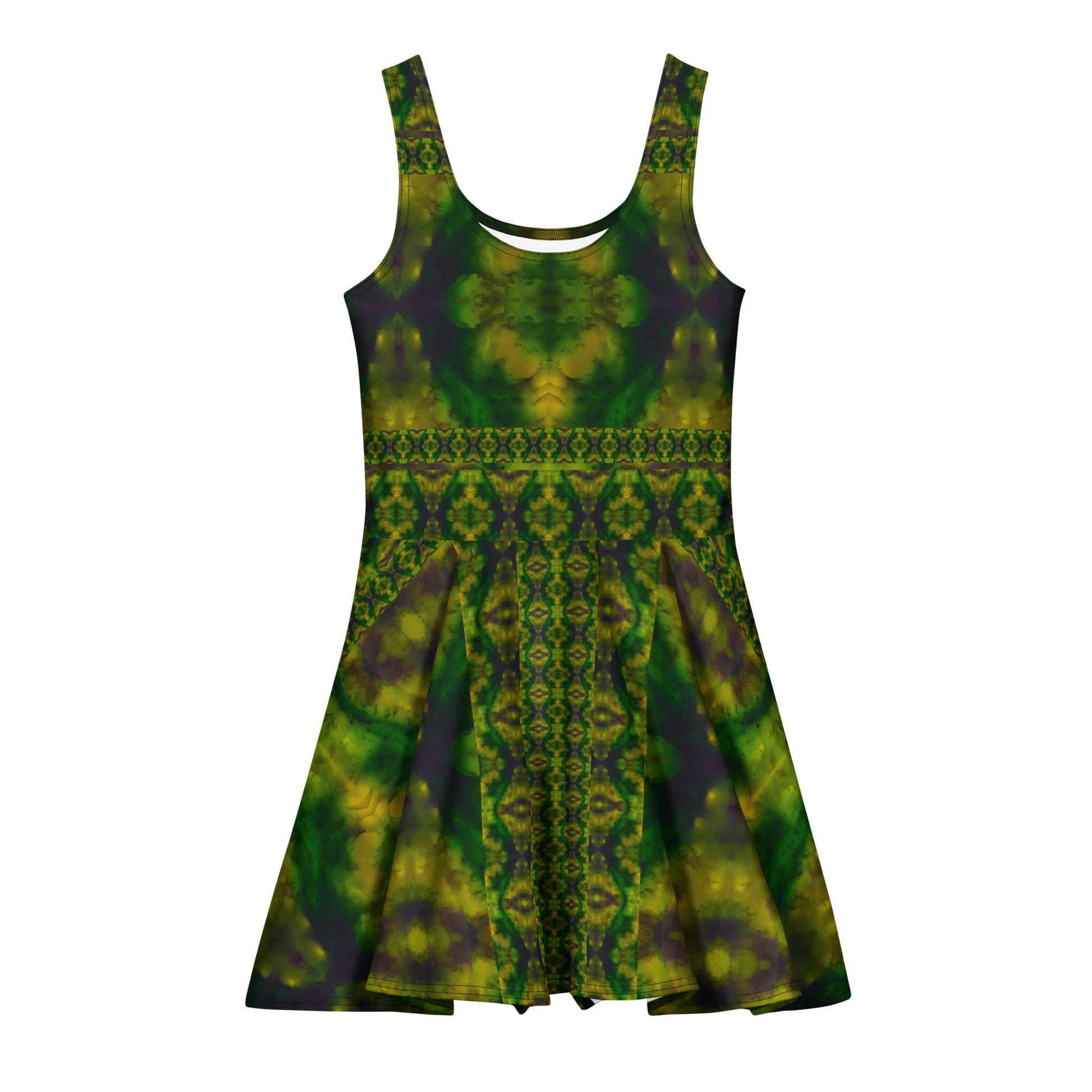 Purely Jade Light sleeveless Cotton Skater Dress with deep green jade-light print with yellow-green and muted plum shadow, front view with scoop neckline and flared skirt