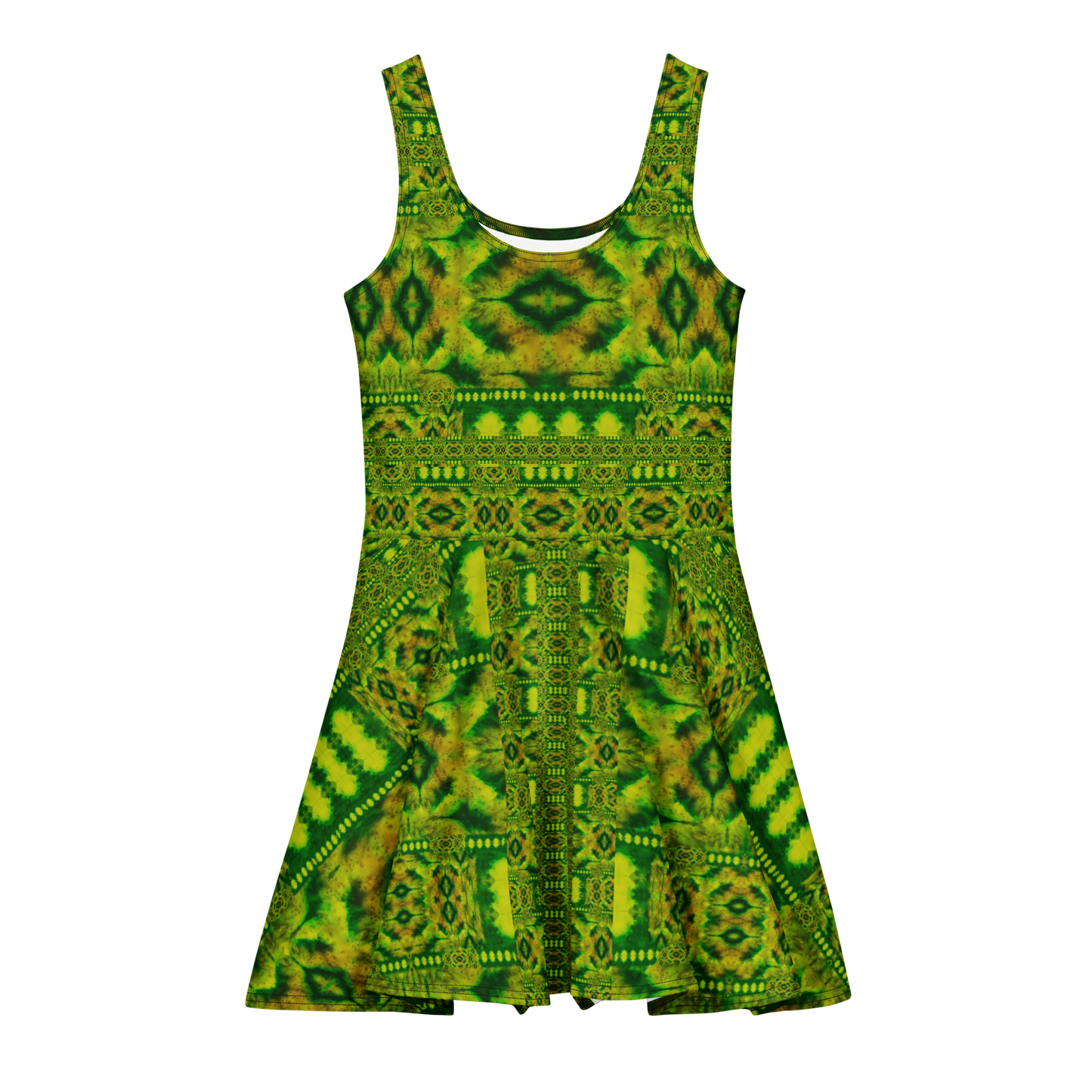 Purely Jade Light sleeveless Cotton Skater Dress with bright green-and-gold jade-light print, front view with scoop neckline and flared skirt