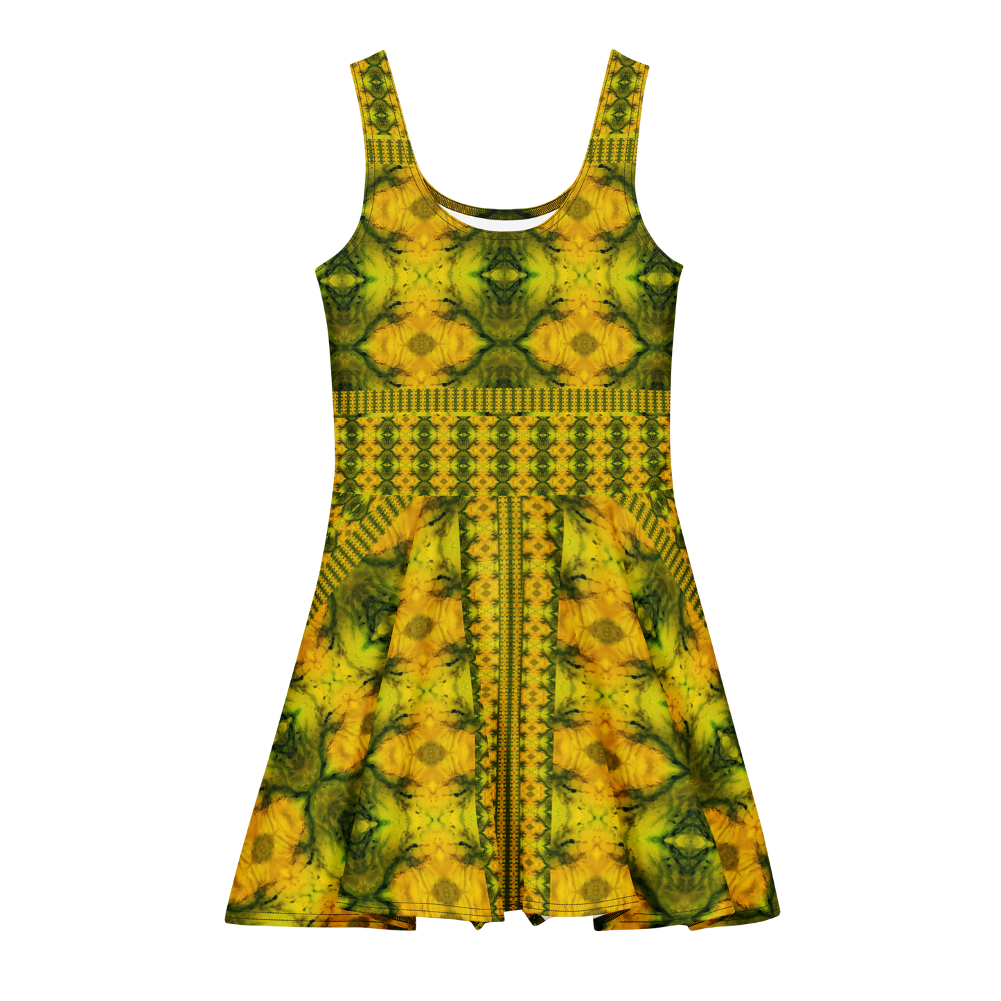 Purely Jade Light sleeveless Cotton Skater Dress with gold jade-light print with green mineral veining, front view with scoop neckline and flared skirt