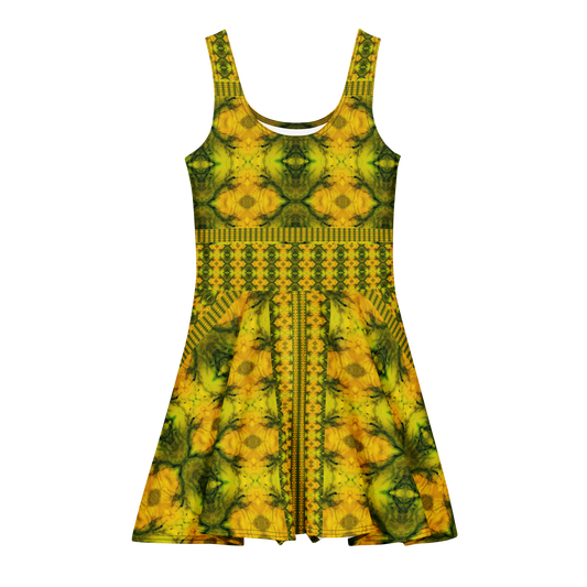 Purely Jade Light sleeveless Cotton Skater Dress with gold jade-light print with green mineral veining, front view with scoop neckline and flared skirt