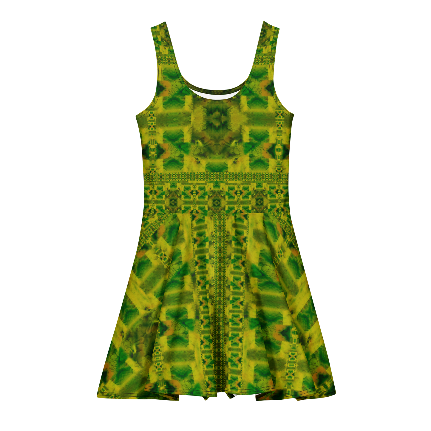 Purely Jade Light sleeveless Cotton Skater Dress with yellow-green and green jade-light print, front view with scoop neckline and flared skirt
