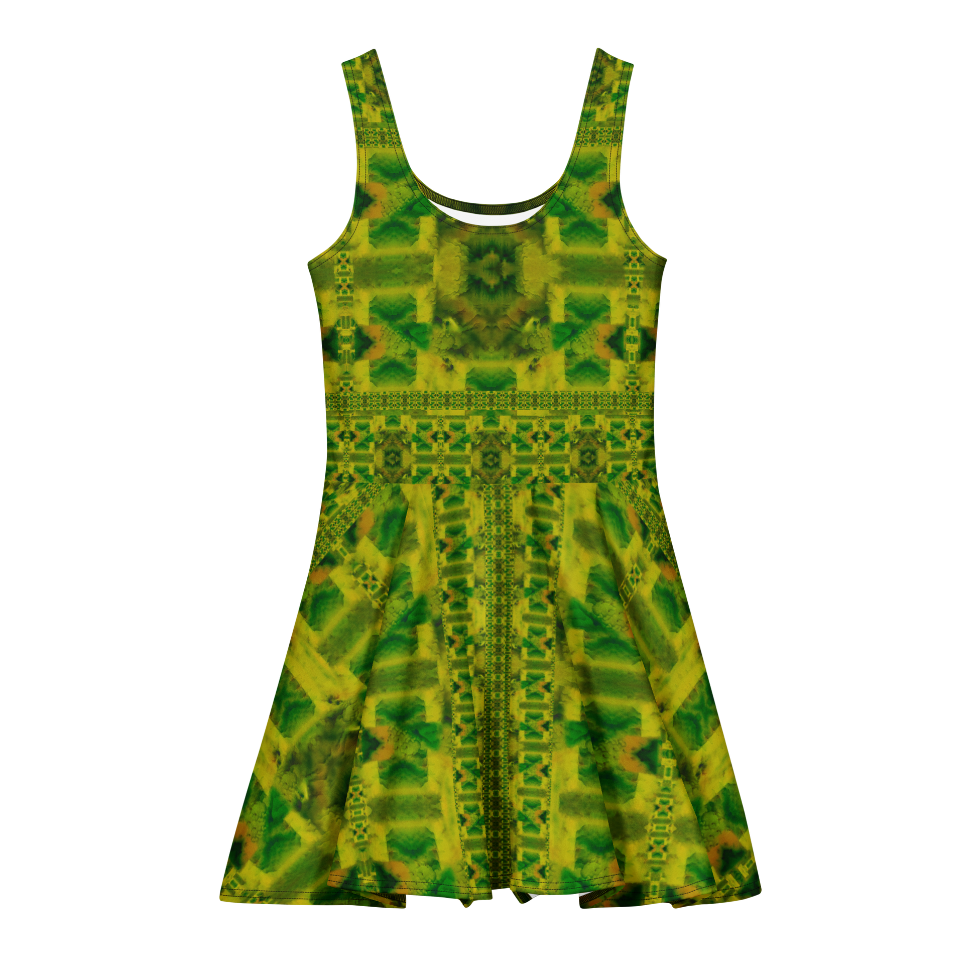 Purely Jade Light sleeveless Cotton Skater Dress with yellow-green and green jade-light print, front view with scoop neckline and flared skirt