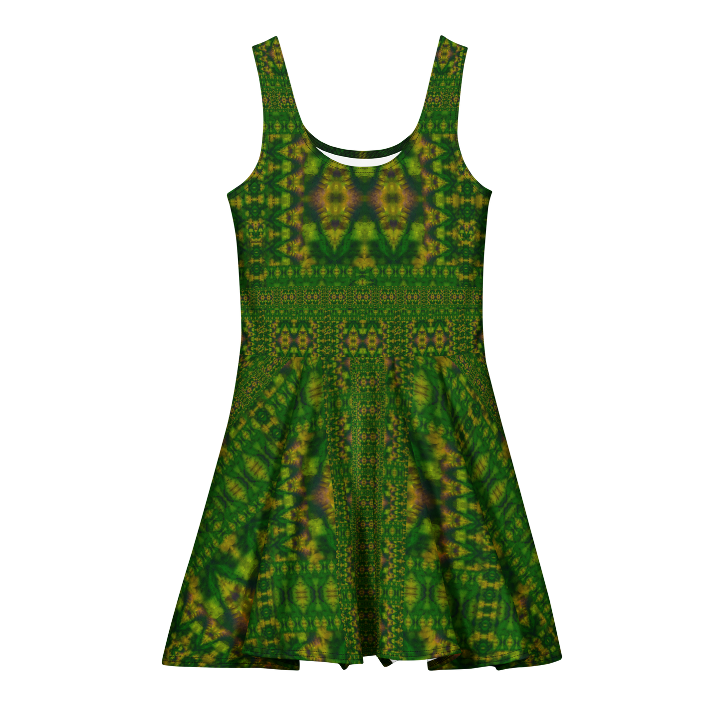 Purely Jade Light sleeveless Cotton Skater Dress with deep green jade-light print with gold and muted plum accents, front view with scoop neckline and flared skirt