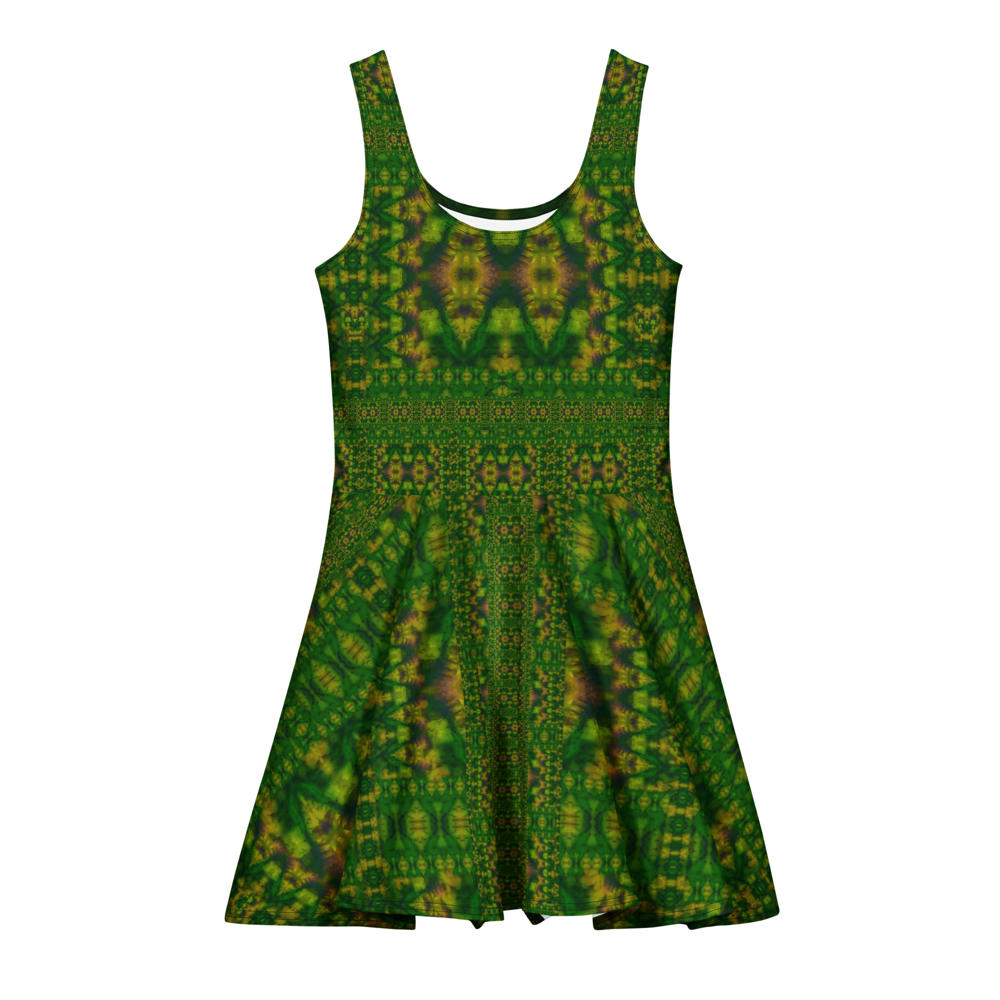 Purely Jade Light sleeveless Cotton Skater Dress with deep green jade-light print with gold and muted plum accents, front view with scoop neckline and flared skirt
