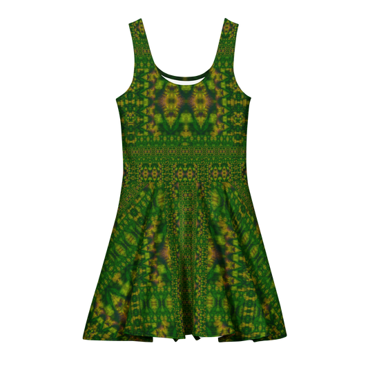 Purely Jade Light sleeveless Cotton Skater Dress with deep green jade-light print with gold and muted plum accents, front view with scoop neckline and flared skirt