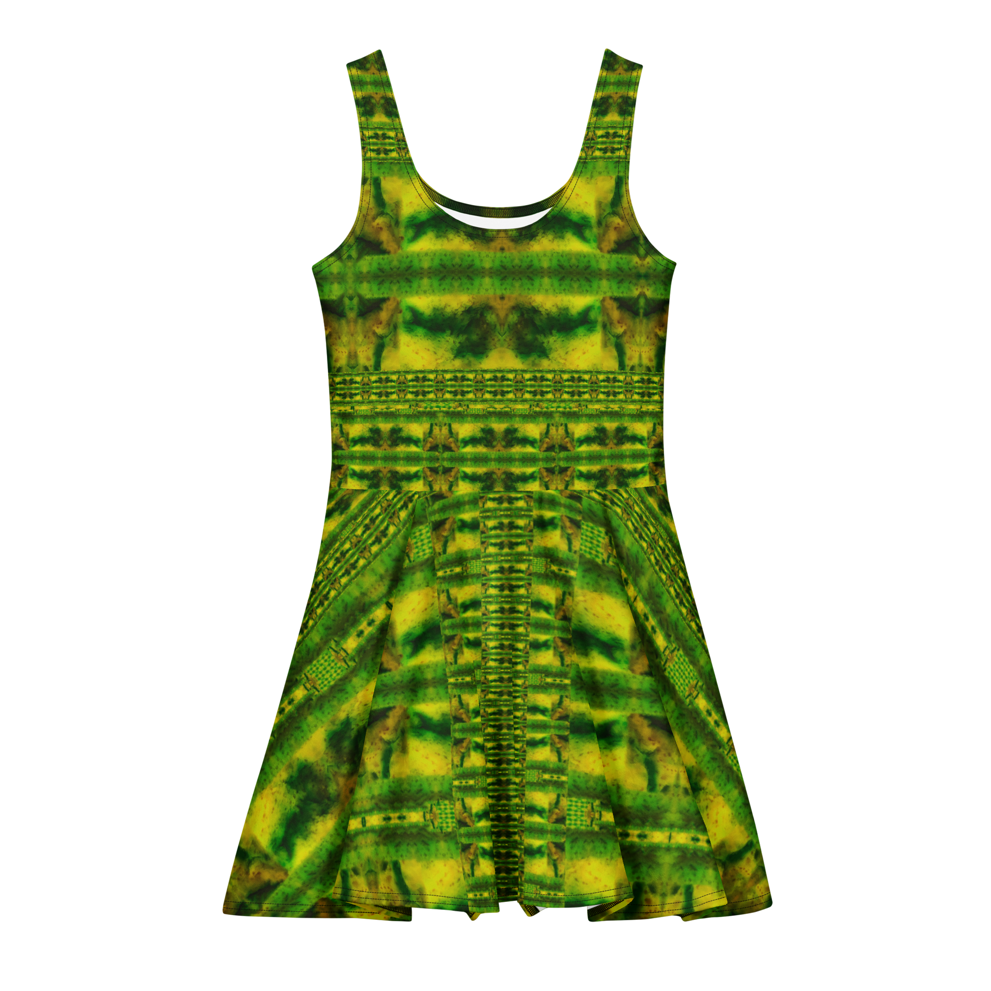 Purely Jade Light sleeveless Cotton Skater Dress with green-and-gold banded jade-light print, front view with scoop neckline and flared skirt