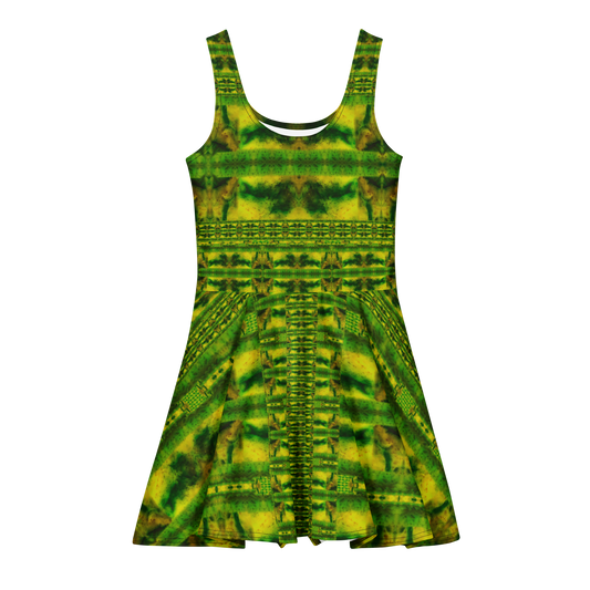 Purely Jade Light sleeveless Cotton Skater Dress with green-and-gold banded jade-light print, front view with scoop neckline and flared skirt