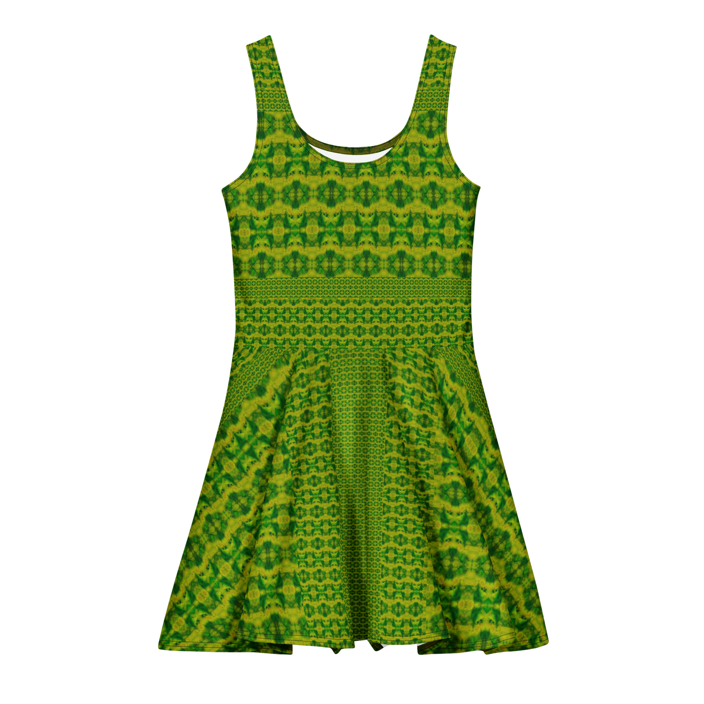 Purely Jade Light sleeveless Cotton Skater Dress with green-and-gold jade-light print, front view with scoop neckline and flared skirt