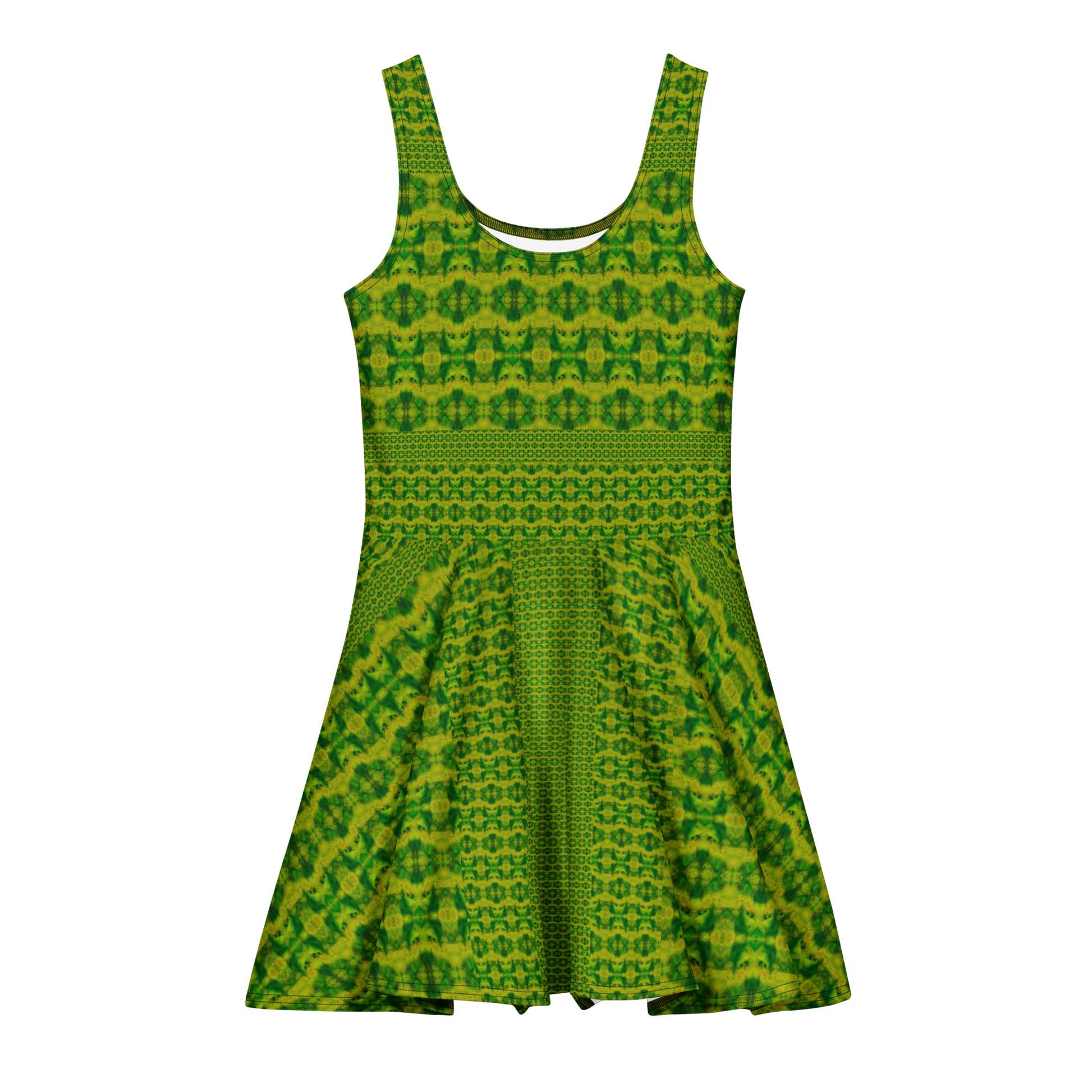 Purely Jade Light sleeveless Cotton Skater Dress with green-and-gold jade-light print, front view with scoop neckline and flared skirt