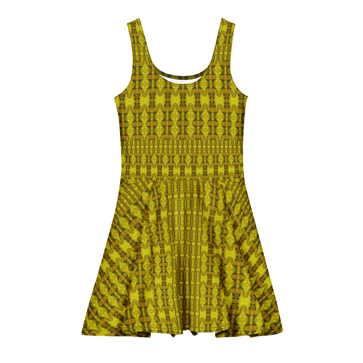 Purely Jade Light sleeveless Cotton Skater Dress with gold jade-light print, front view with scoop neckline and flared skirt