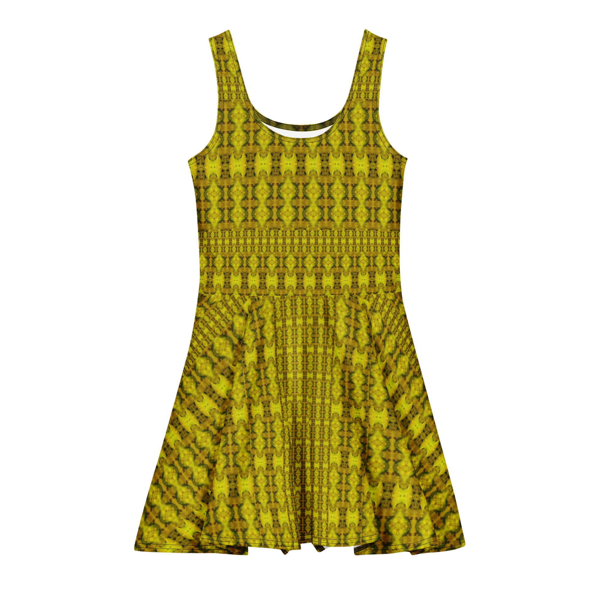 Purely Jade Light sleeveless Cotton Skater Dress with gold jade-light print, front view with scoop neckline and flared skirt