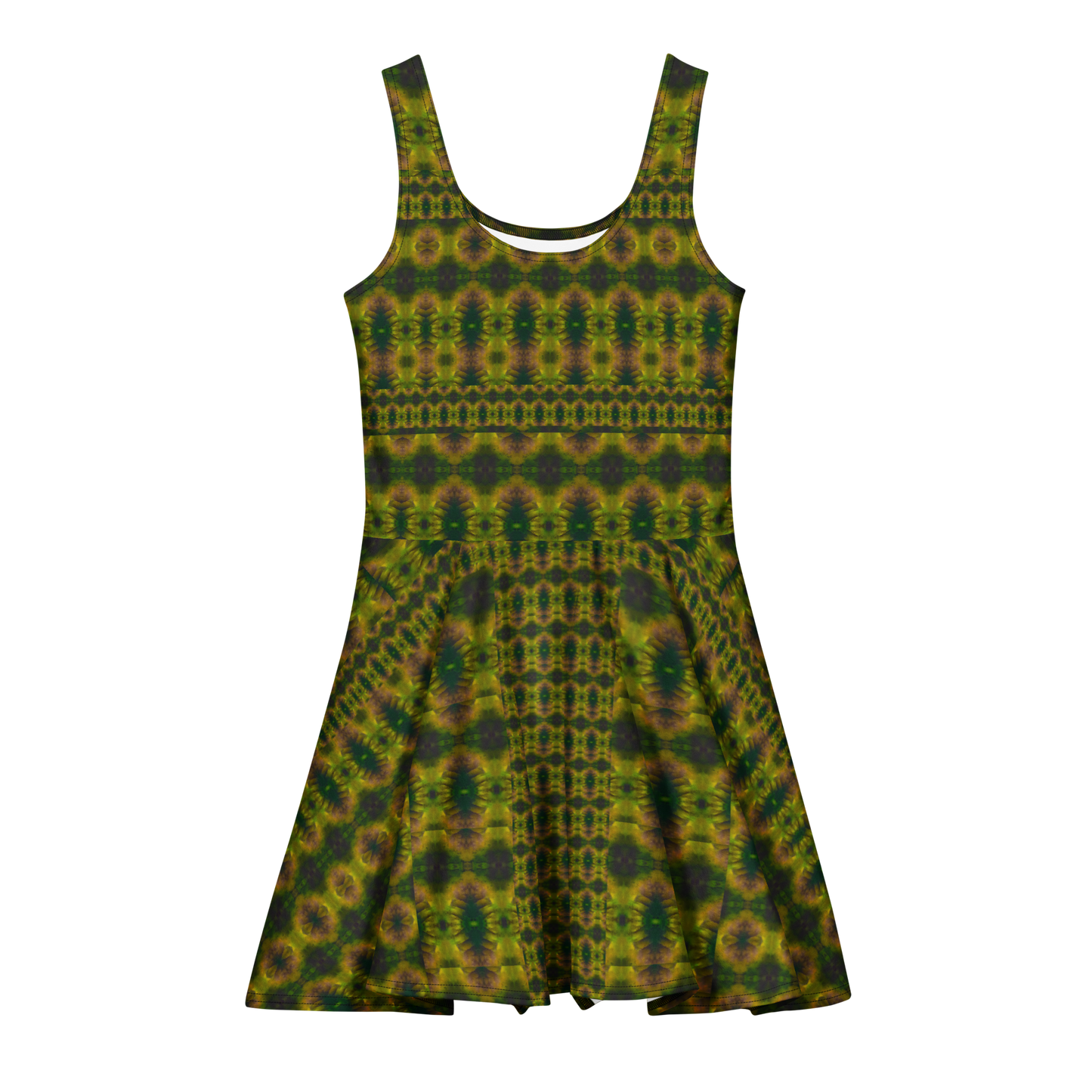 Purely Jade Light sleeveless Cotton Skater Dress with green-and-gold jade-light print with muted plum shadow, front view with scoop neckline and flared skirt