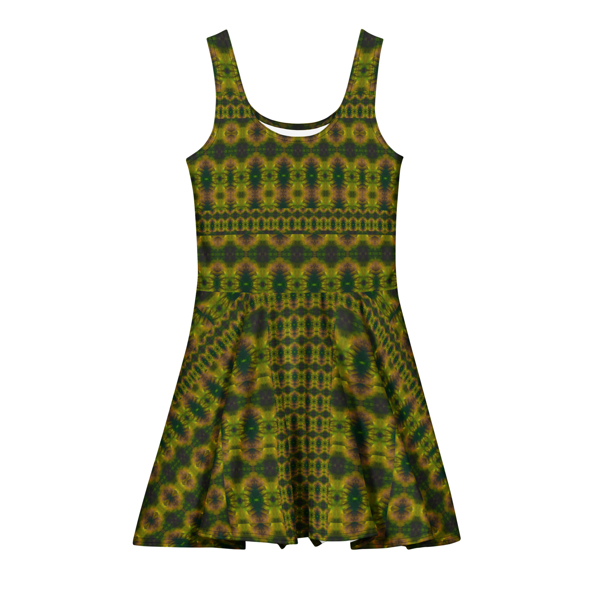 Purely Jade Light sleeveless Cotton Skater Dress with green-and-gold jade-light print with muted plum shadow, front view with scoop neckline and flared skirt