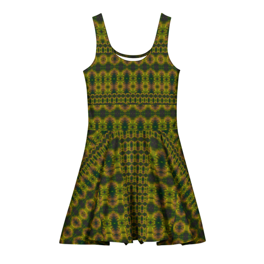 Purely Jade Light sleeveless Cotton Skater Dress with green-and-gold jade-light print with muted plum shadow, front view with scoop neckline and flared skirt