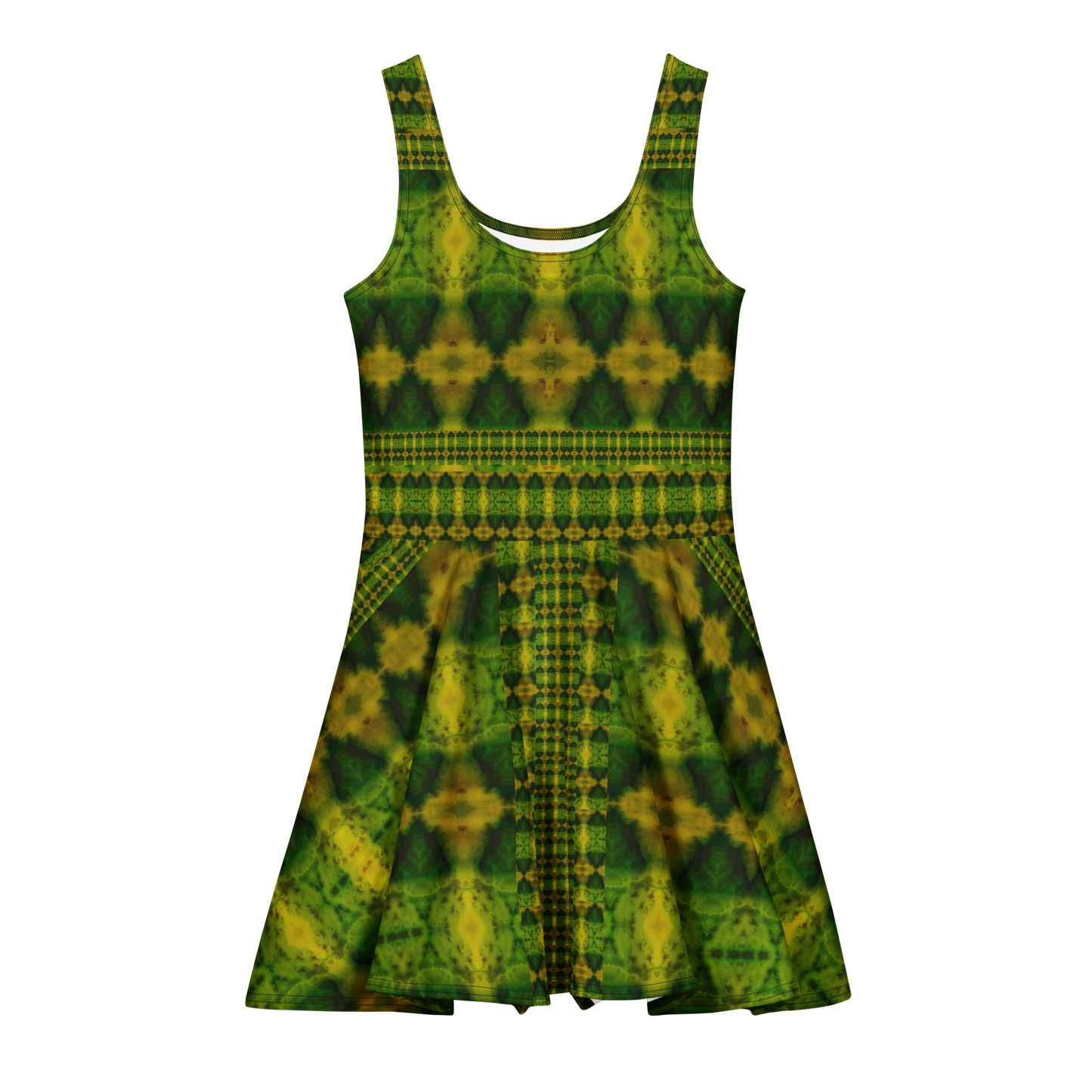 Purely Jade Light sleeveless Cotton Skater Dress with green-and-gold jade-light print, front view with scoop neckline and flared skirt