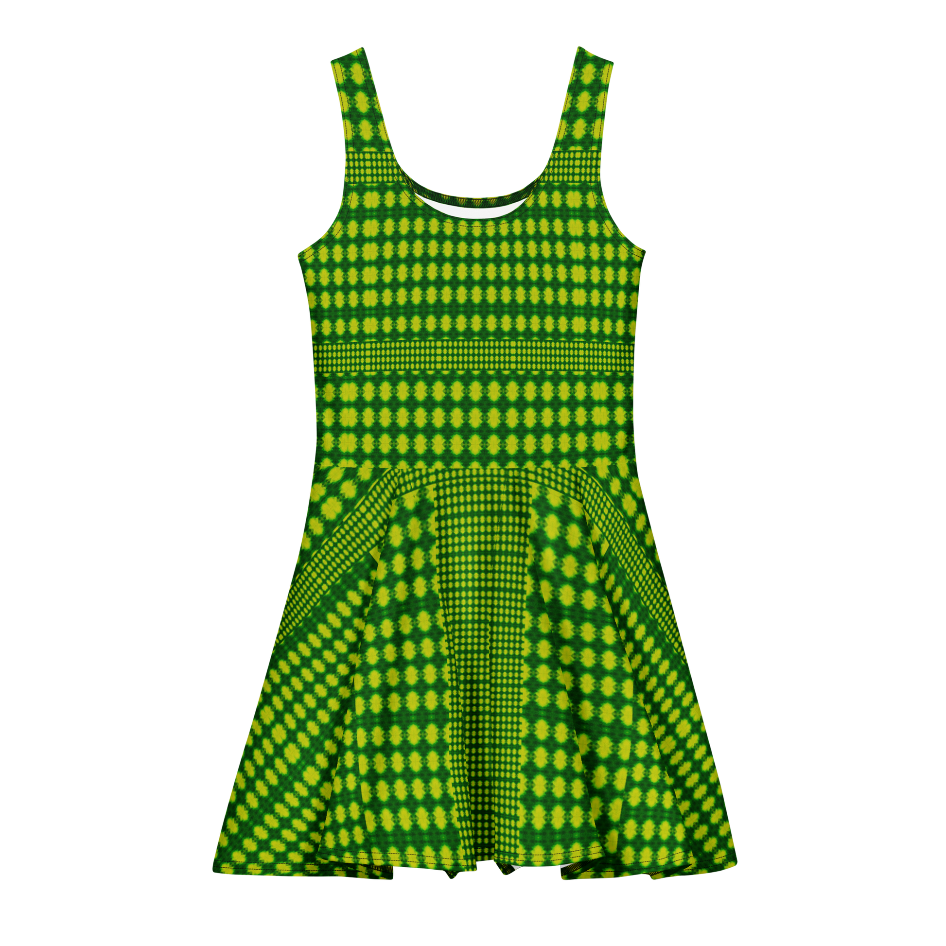 Purely Jade Light sleeveless Cotton Skater Dress with bright green-and-yellow jade-light print, front view with scoop neckline and flared skirt