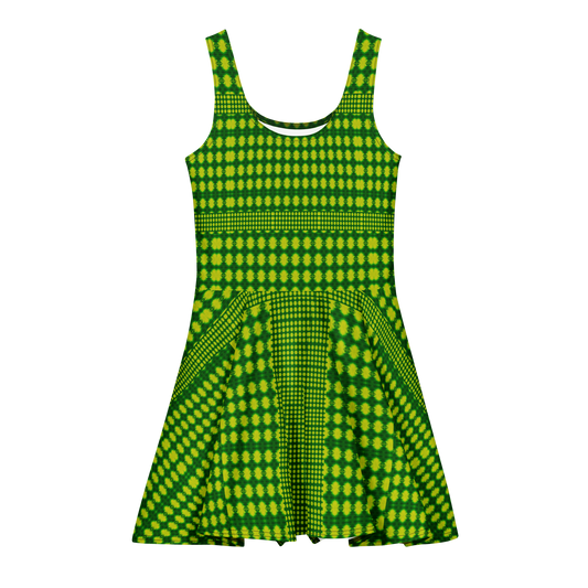 Purely Jade Light sleeveless Cotton Skater Dress with bright green-and-yellow jade-light print, front view with scoop neckline and flared skirt