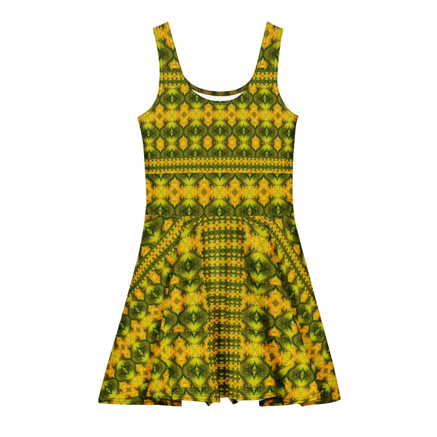 Purely Jade Light sleeveless Cotton Skater Dress with gold jade-light print with green mineral veining, front view with scoop neckline and flared skirt