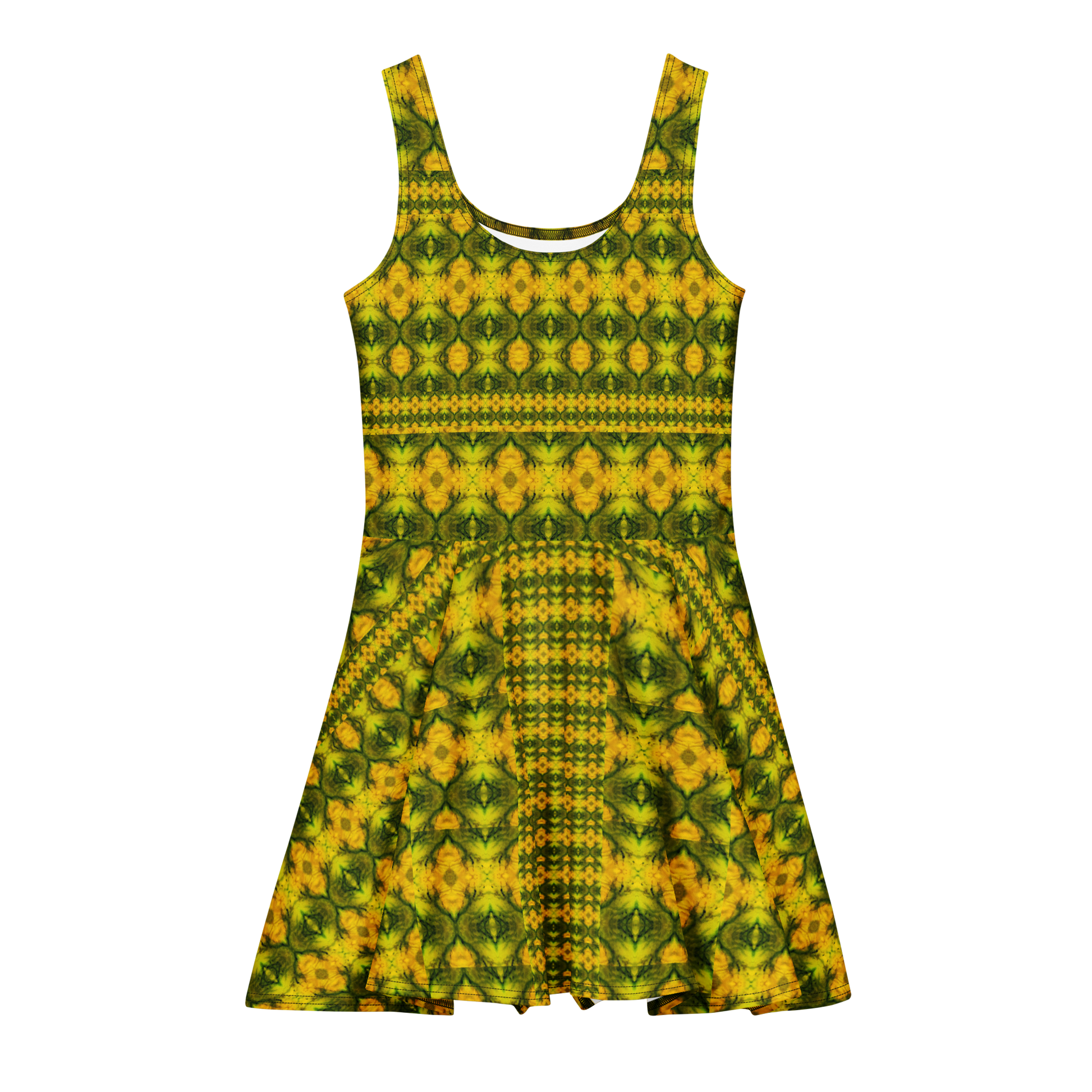 Purely Jade Light sleeveless Cotton Skater Dress with gold jade-light print with green mineral veining, front view with scoop neckline and flared skirt