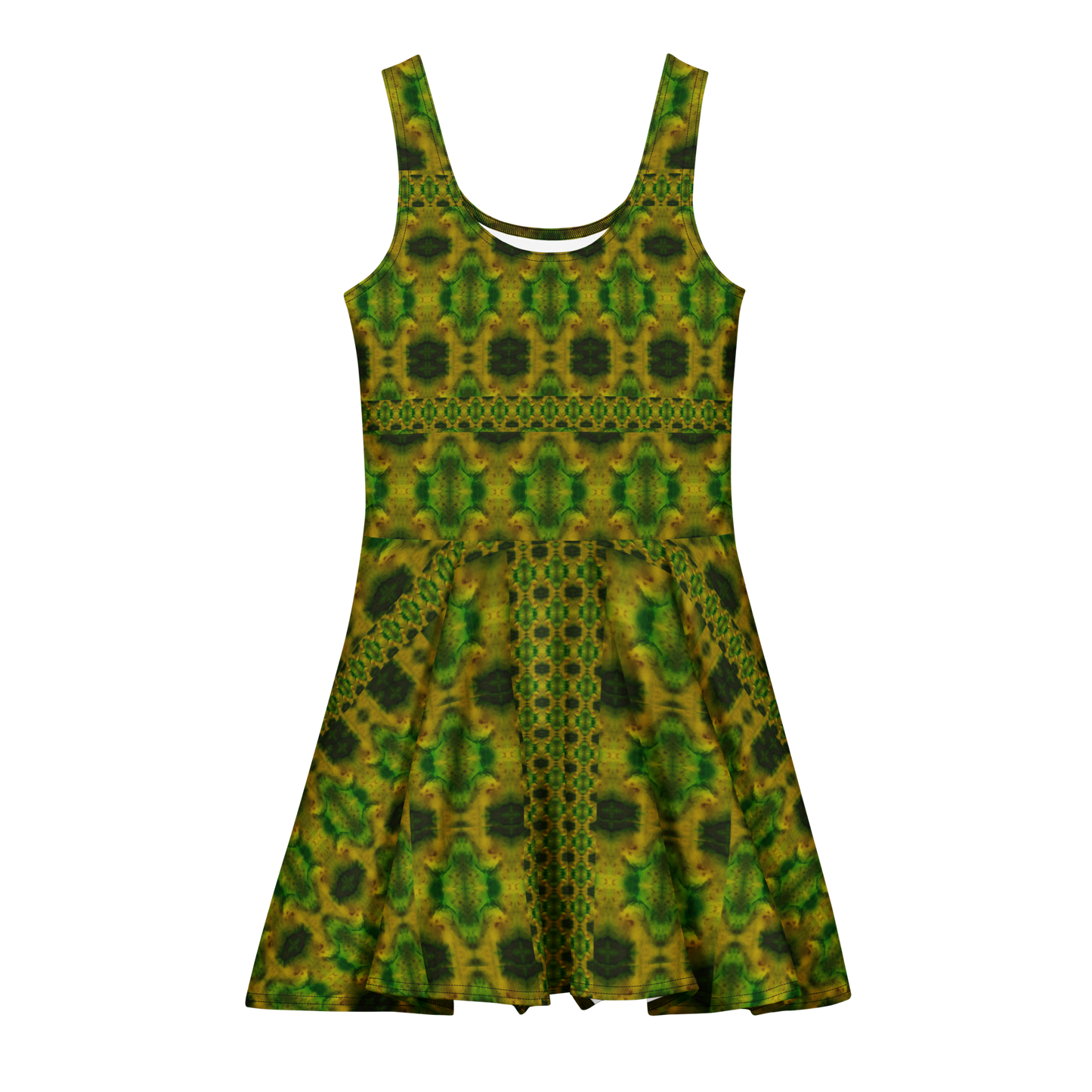Purely Jade Light sleeveless Cotton Skater Dress with green-and-gold jade-light print, front view with scoop neckline and flared skirt