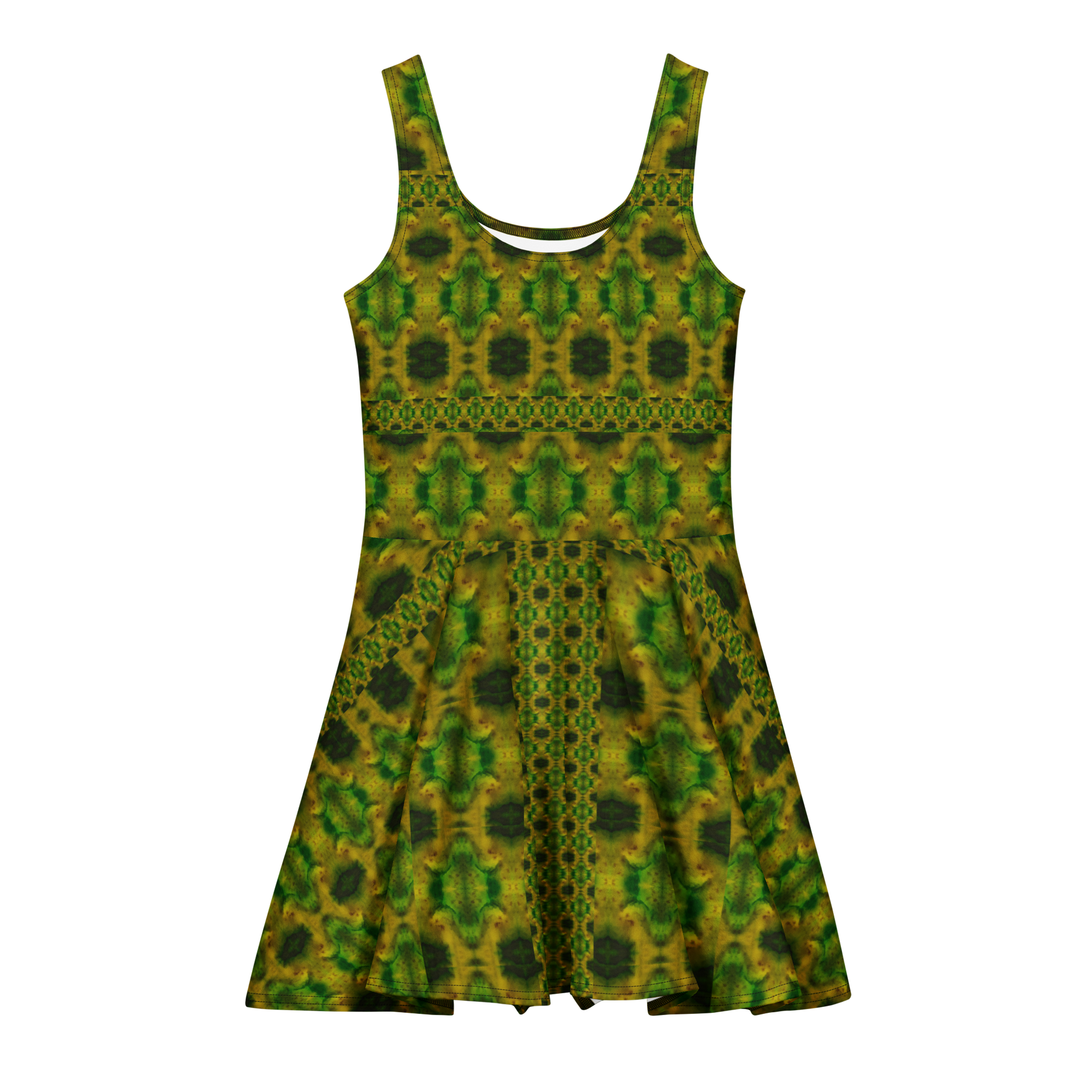 Purely Jade Light sleeveless Cotton Skater Dress with green-and-gold jade-light print, front view with scoop neckline and flared skirt
