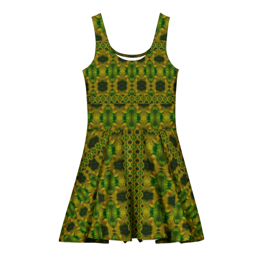 Purely Jade Light sleeveless Cotton Skater Dress with green-and-gold jade-light print, front view with scoop neckline and flared skirt