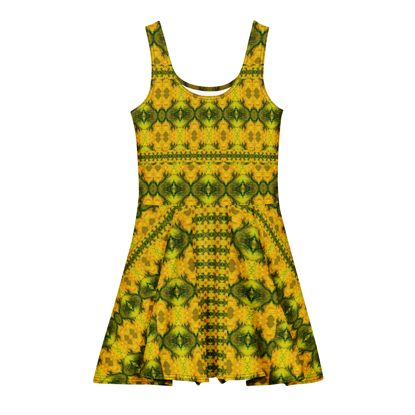 Purely Jade Light sleeveless Cotton Skater Dress with gold jade-light print with green mineral veining, front view with scoop neckline and flared skirt