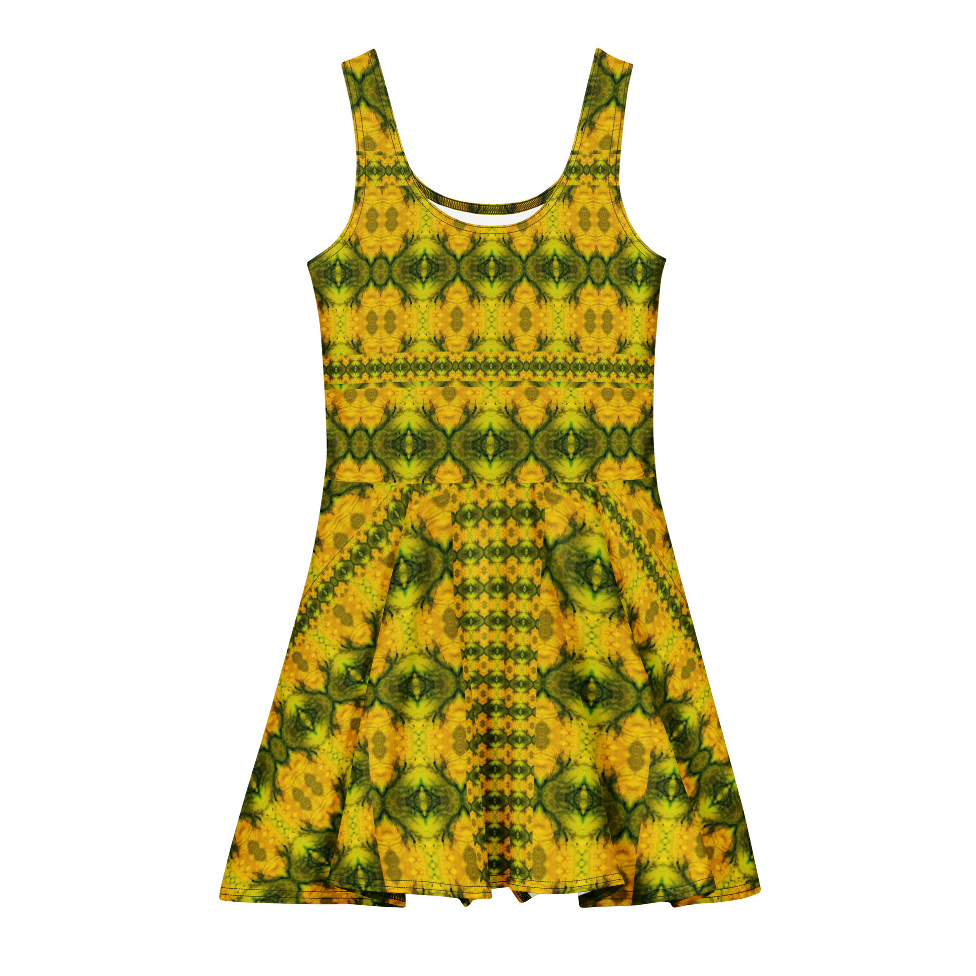 Purely Jade Light sleeveless Cotton Skater Dress with gold jade-light print with green mineral veining, front view with scoop neckline and flared skirt