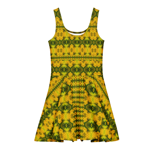 Purely Jade Light sleeveless Cotton Skater Dress with gold jade-light print with green mineral veining, front view with scoop neckline and flared skirt