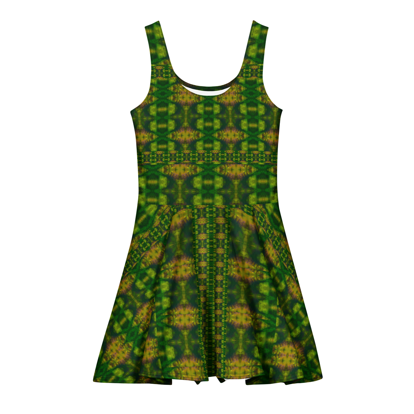 Purely Jade Light sleeveless Cotton Skater Dress with deep green jade-light print with gold and warm shadow accents, front view with scoop neckline and flared skirt