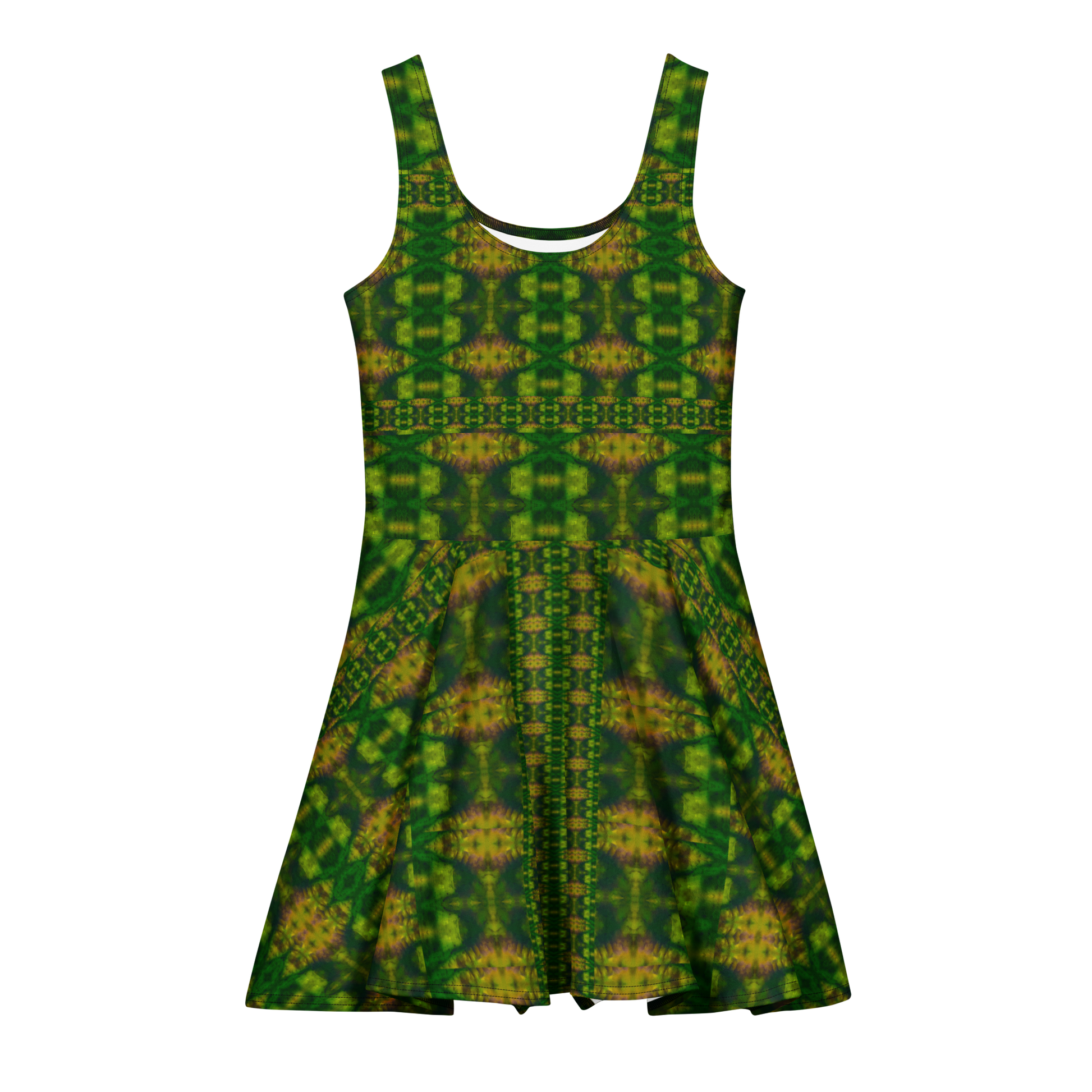 Purely Jade Light sleeveless Cotton Skater Dress with deep green jade-light print with gold and warm shadow accents, front view with scoop neckline and flared skirt