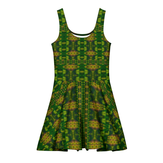 Purely Jade Light sleeveless Cotton Skater Dress with deep green jade-light print with gold and warm shadow accents, front view with scoop neckline and flared skirt
