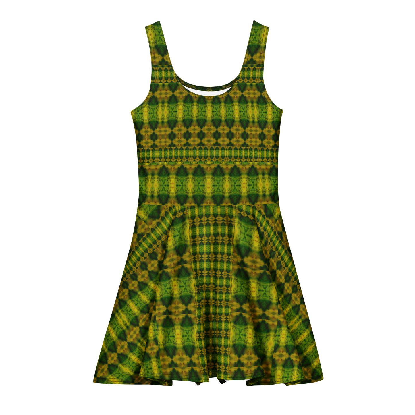 Purely Jade Light sleeveless Cotton Skater Dress with green-and-gold jade-light print, front view with scoop neckline and flared skirt