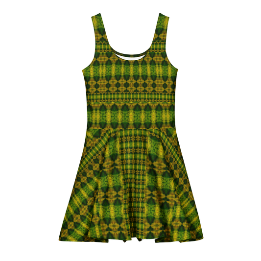 Purely Jade Light sleeveless Cotton Skater Dress with green-and-gold jade-light print, front view with scoop neckline and flared skirt