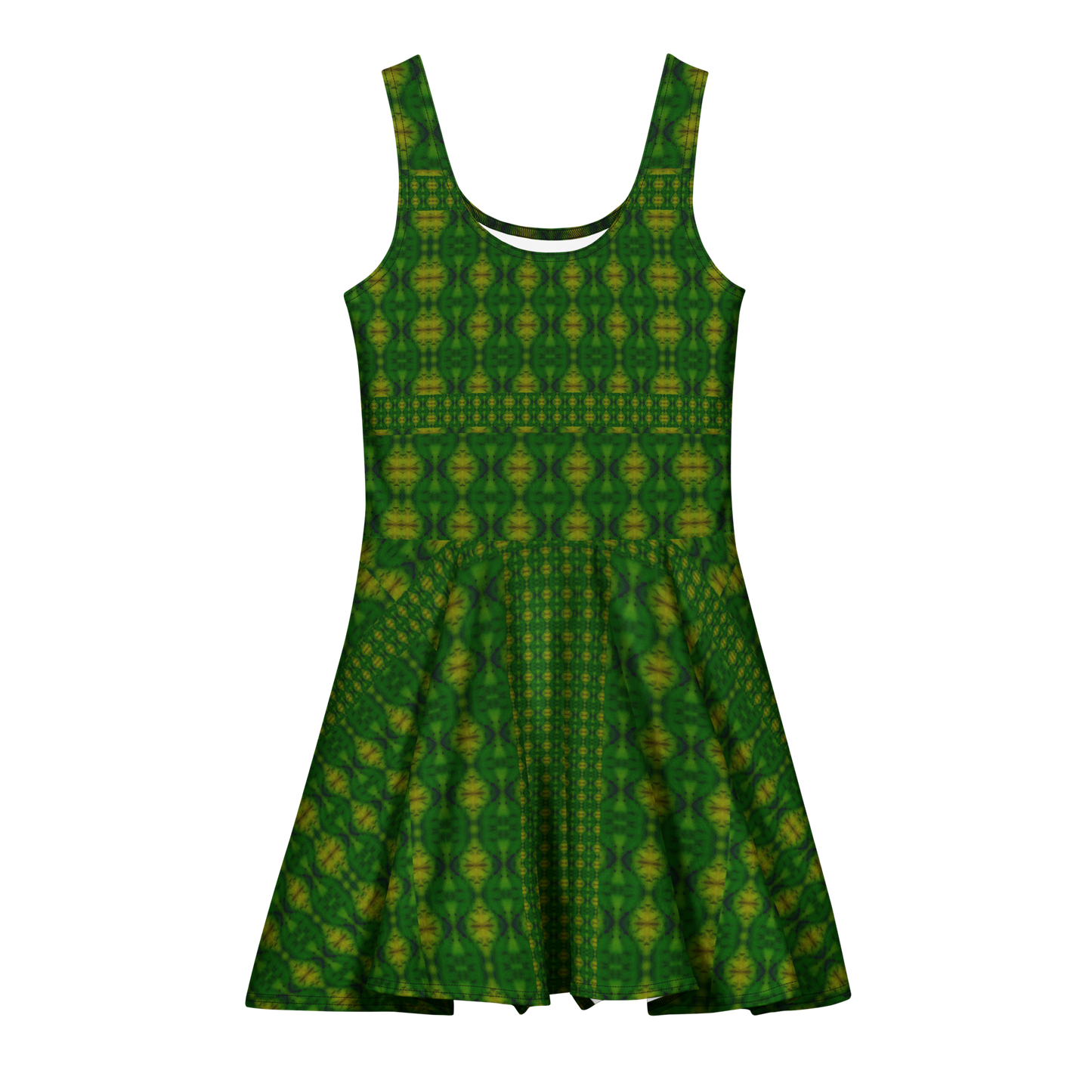Purely Jade Light sleeveless Cotton Skater Dress with deep green jade-light print with gold highlights, front view with scoop neckline and flared skirt