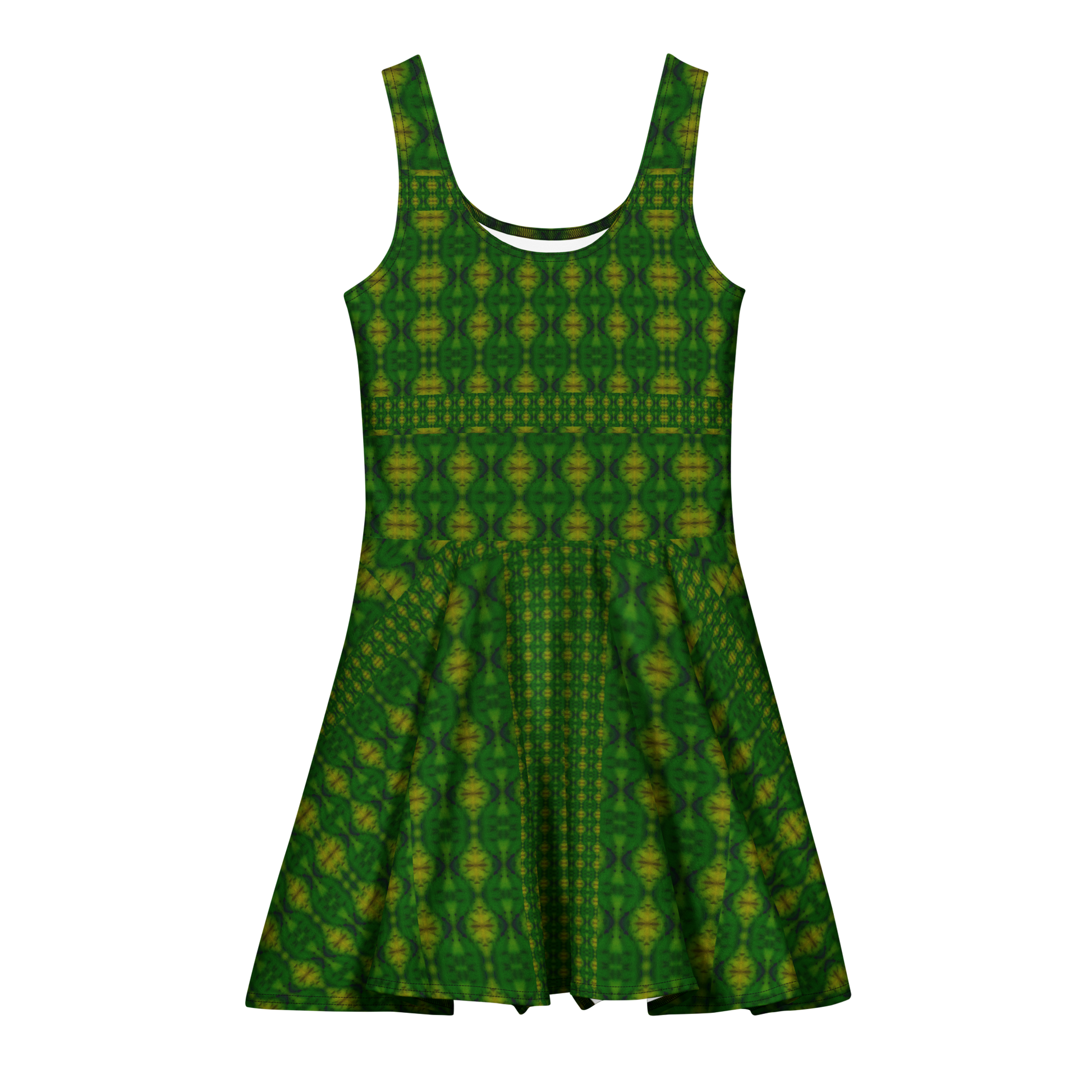 Purely Jade Light sleeveless Cotton Skater Dress with deep green jade-light print with gold highlights, front view with scoop neckline and flared skirt