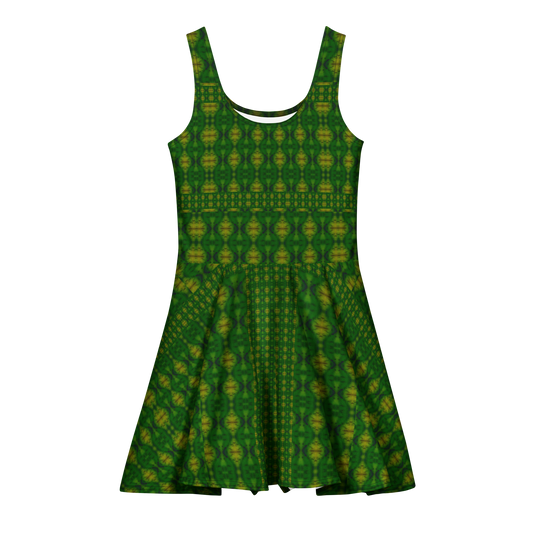 Purely Jade Light sleeveless Cotton Skater Dress with deep green jade-light print with gold highlights, front view with scoop neckline and flared skirt
