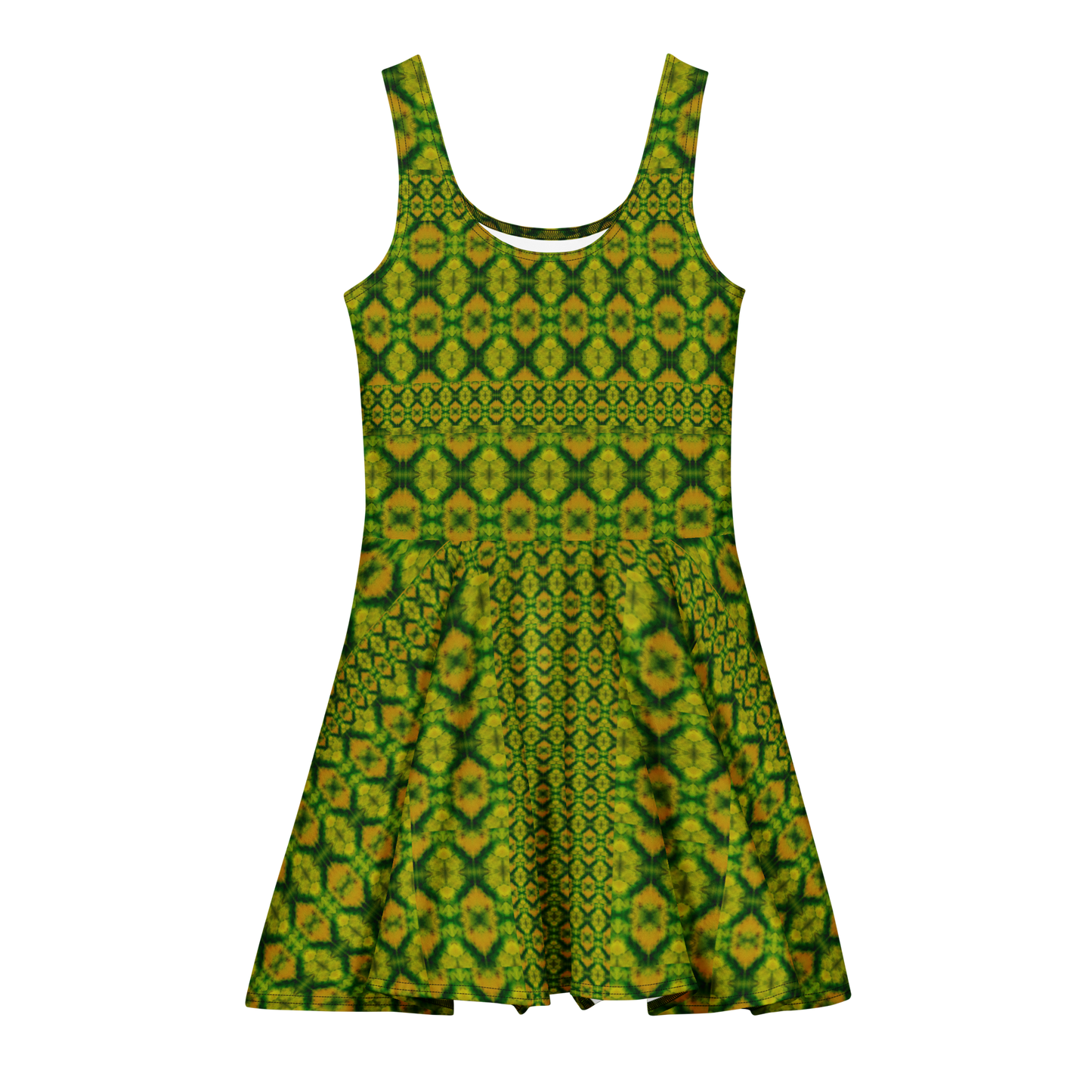 Purely Jade Light sleeveless Cotton Skater Dress with green-and-gold jade-light print, front view with scoop neckline and flared skirt