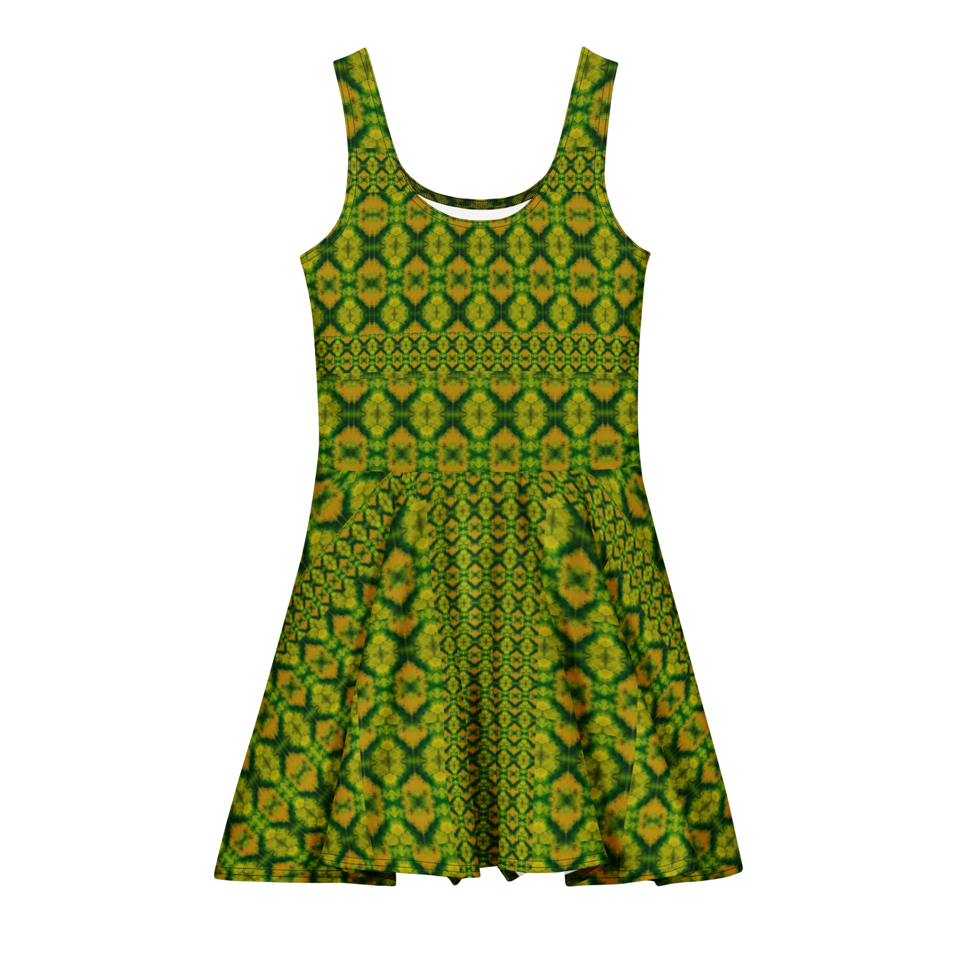 Purely Jade Light sleeveless Cotton Skater Dress with green-and-gold jade-light print, front view with scoop neckline and flared skirt