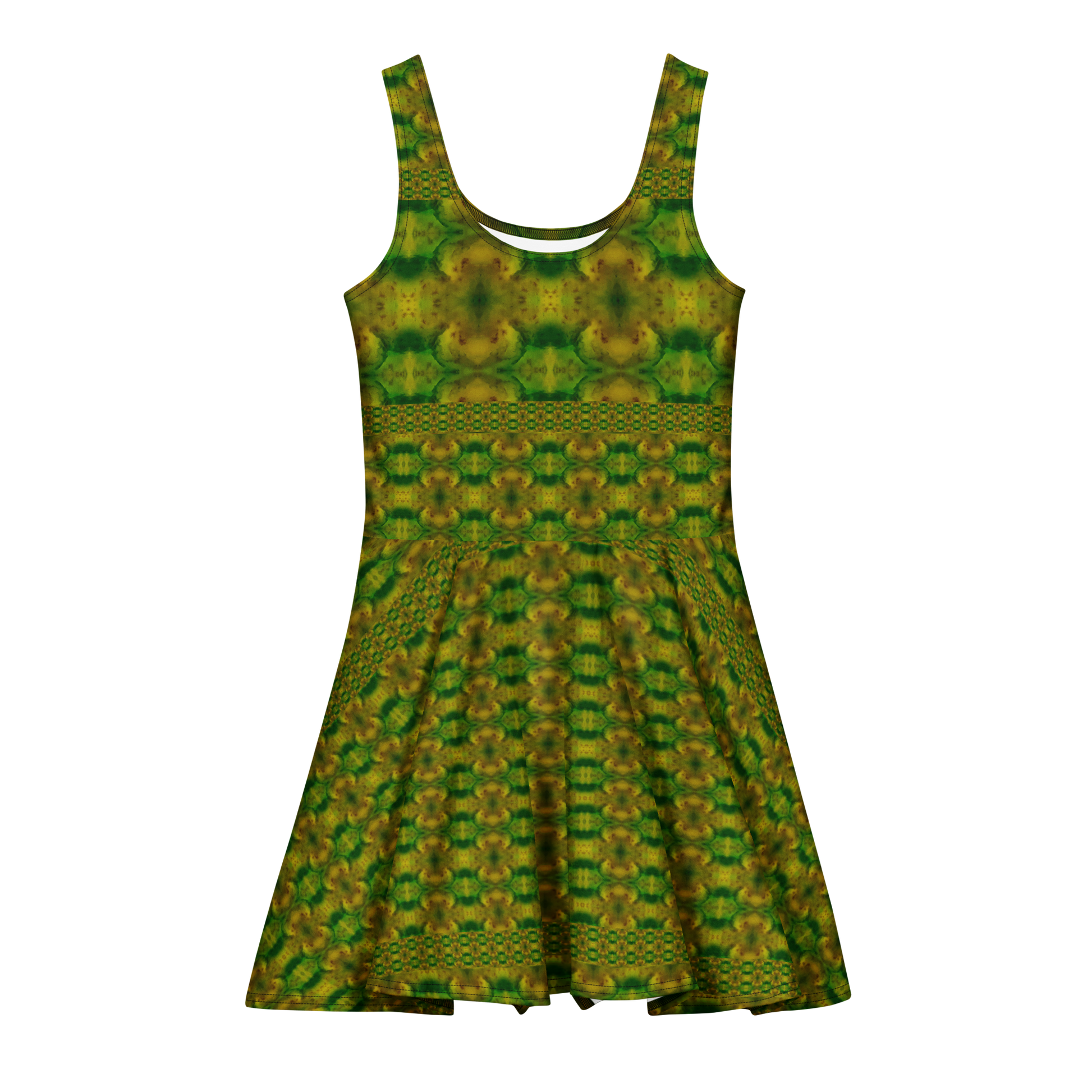 Purely Jade Light sleeveless Cotton Skater Dress with green-and-gold jade-light print, front view with scoop neckline and flared skirt