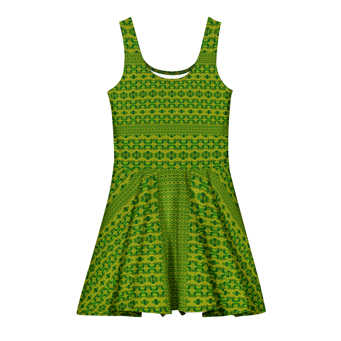 Purely Jade Light sleeveless Cotton Skater Dress with green-and-gold jade-light print, front view with scoop neckline and flared skirt