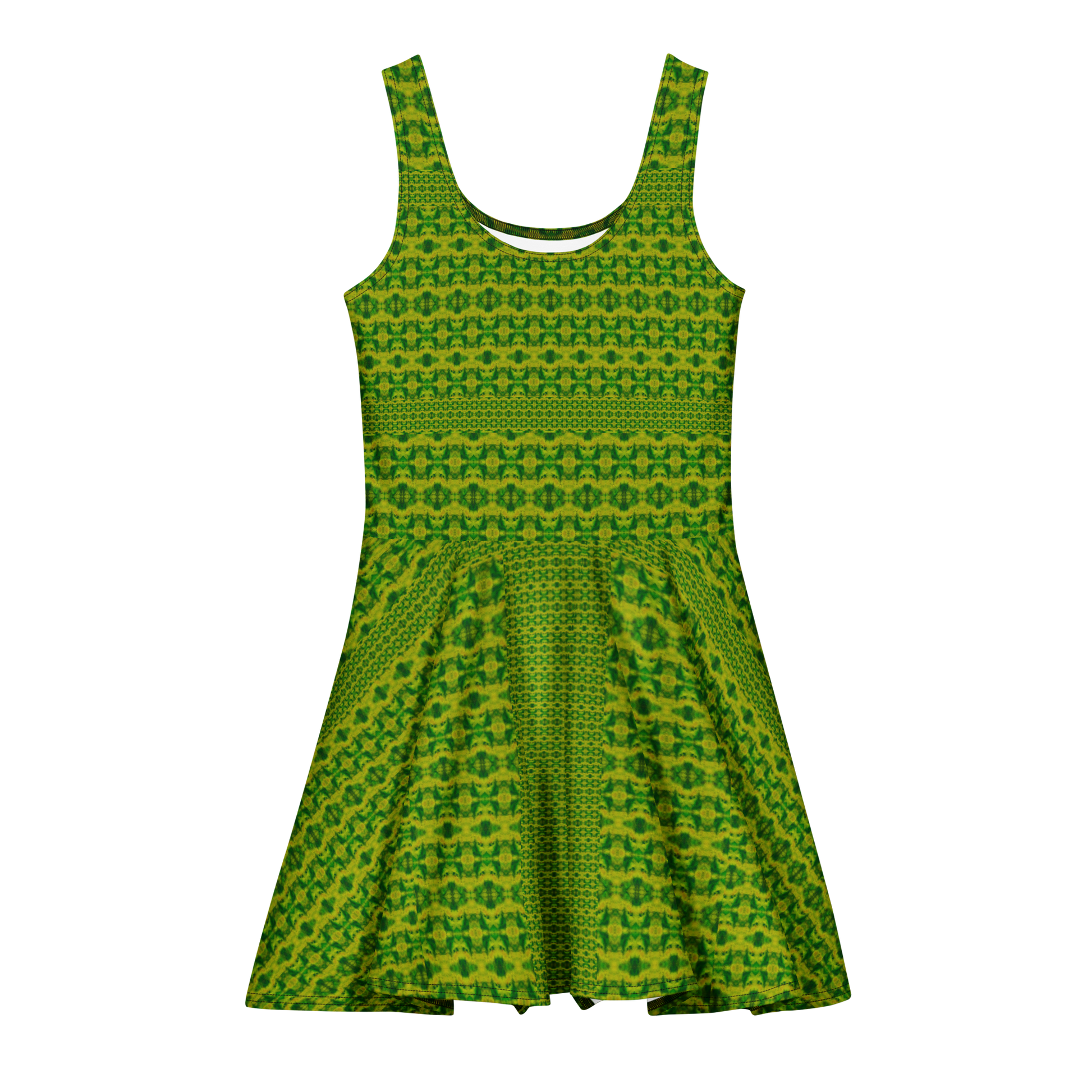 Purely Jade Light sleeveless Cotton Skater Dress with green-and-gold jade-light print, front view with scoop neckline and flared skirt