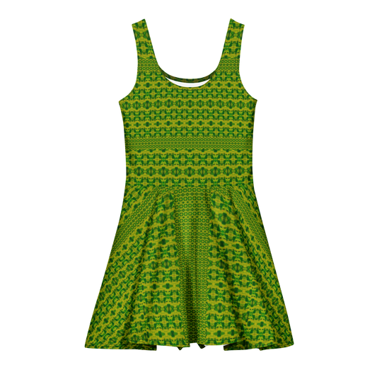 Purely Jade Light sleeveless Cotton Skater Dress with green-and-gold jade-light print, front view with scoop neckline and flared skirt
